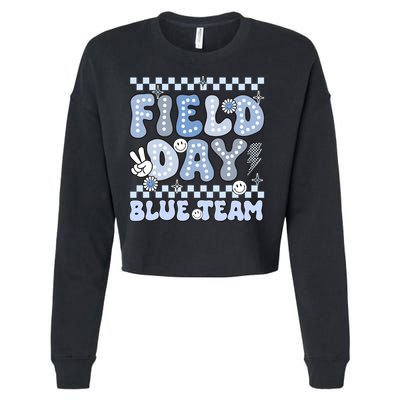 Field Day Blue Team Groovy Smile Face Checkered Students Cropped Pullover Crew