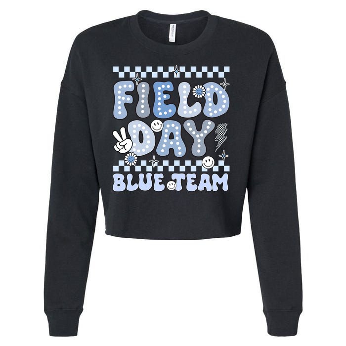 Field Day Blue Team Groovy Smile Face Checkered Students Cropped Pullover Crew