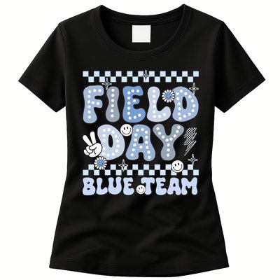 Field Day Blue Team Groovy Smile Face Checkered Students Womens T-Shirt