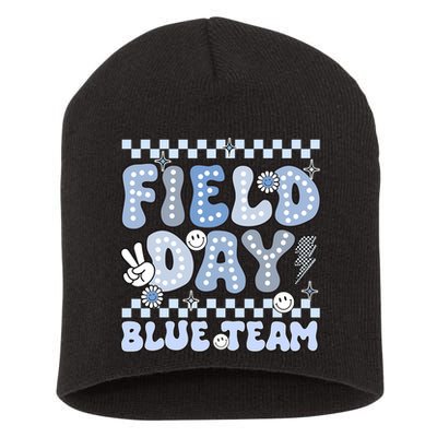 Field Day Blue Team Groovy Smile Face Checkered Students Short Acrylic Beanie