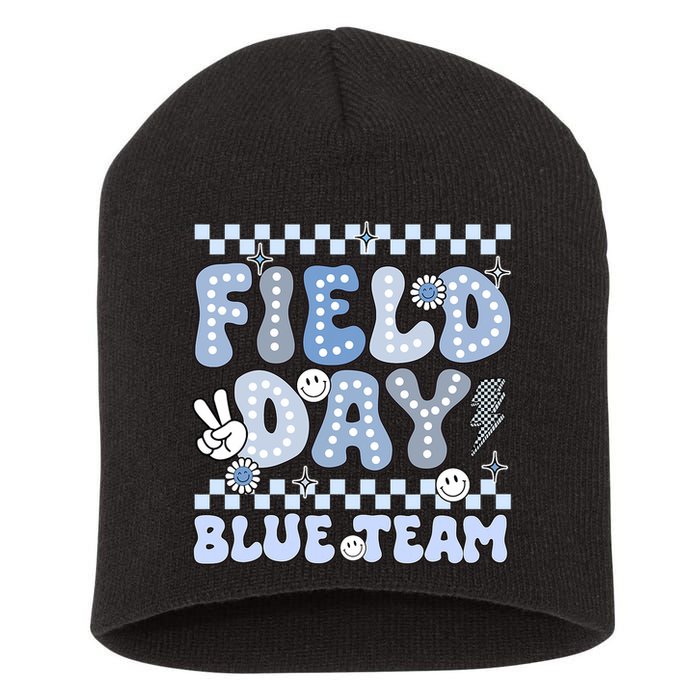 Field Day Blue Team Groovy Smile Face Checkered Students Short Acrylic Beanie
