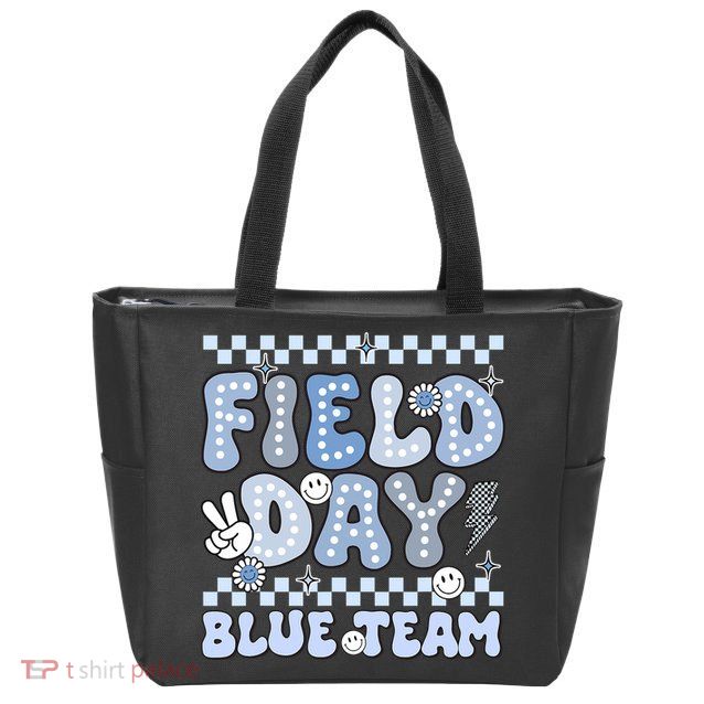 Field Day Blue Team Groovy Smile Face Checkered Students Zip Tote Bag