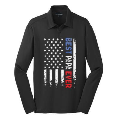 Father's Day Best Papa Ever with US American Flag Silk Touch Performance Long Sleeve Polo