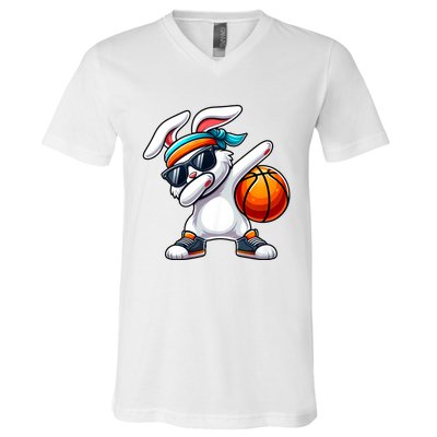 Funny Dabbing Bunny Playing Basketball Easter Day V-Neck T-Shirt