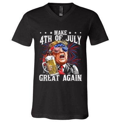 Funny Drinking Beer Team Make 4th Of July Great Again Trump V-Neck T-Shirt