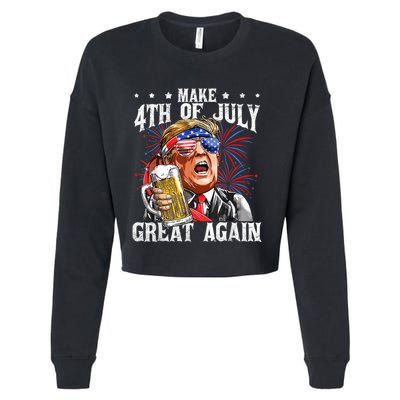 Funny Drinking Beer Team Make 4th Of July Great Again Trump Cropped Pullover Crew
