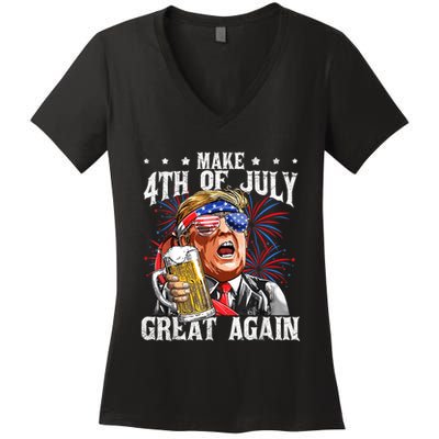 Funny Drinking Beer Team Make 4th Of July Great Again Trump Women's V-Neck T-Shirt