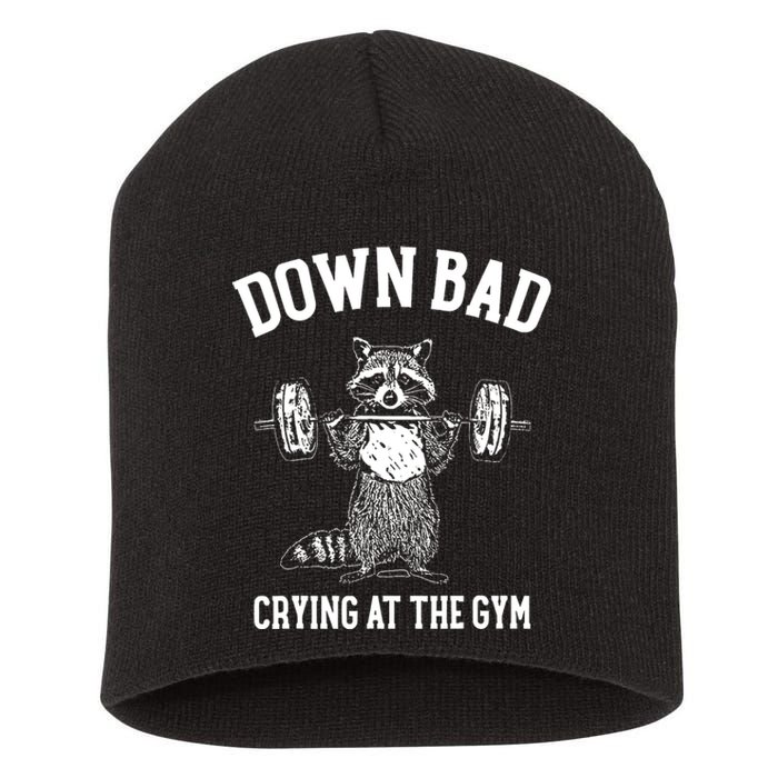 Funny Down Bad Crying At The Gym Racoon Meme Gift Short Acrylic Beanie