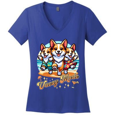 Funny Dancing Corgis Hawaiian Family Vacation Vacay Mode Gift Women's V-Neck T-Shirt