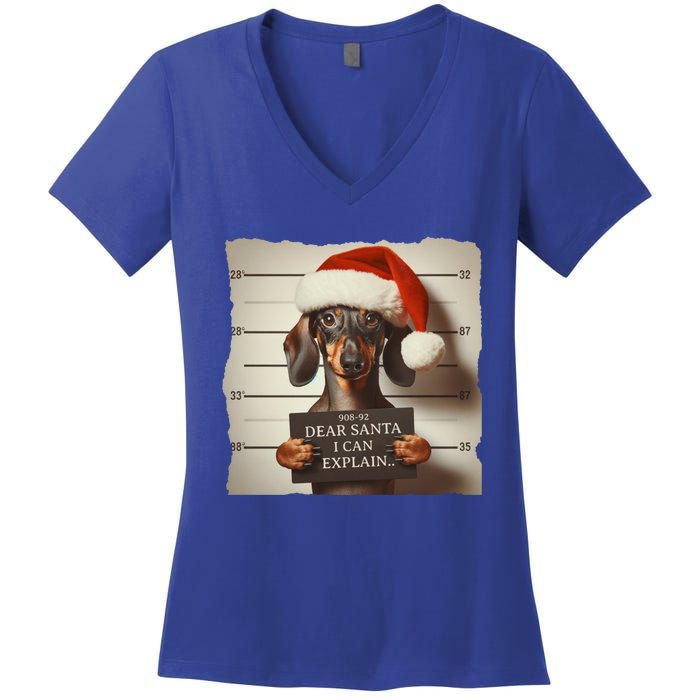 Funny Dachshund Christmas Dear Santa I Can Explain Weiner Gift Women's V-Neck T-Shirt