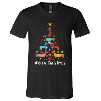 Funny Dachshund Christmas Tree Ornament V-Neck T-Shirt