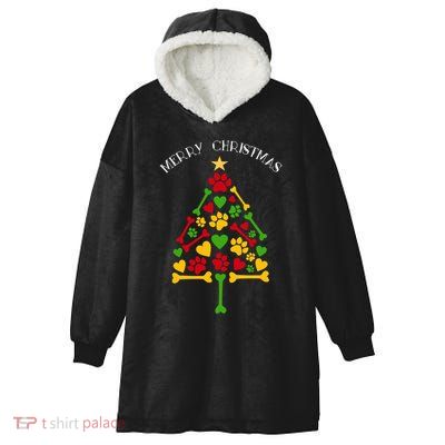Funny Dog Cat Paws Hearts Christmas Tree Animal Lover Gift Hooded Wearable Blanket