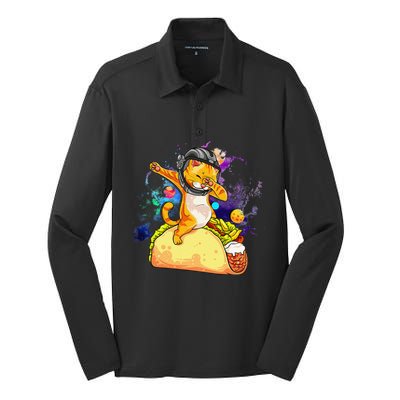 Funny Dabbing Cat Astronaut In Space Riding Taco Silk Touch Performance Long Sleeve Polo