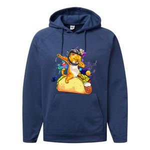 Funny Dabbing Cat Astronaut In Space Riding Taco Performance Fleece Hoodie