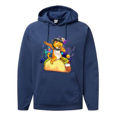 Funny Dabbing Cat Astronaut In Space Riding Taco Performance Fleece Hoodie