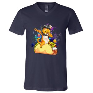 Funny Dabbing Cat Astronaut In Space Riding Taco V-Neck T-Shirt