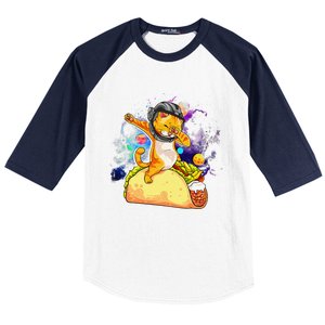 Funny Dabbing Cat Astronaut In Space Riding Taco Baseball Sleeve Shirt