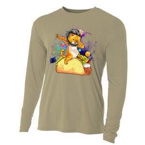 Funny Dabbing Cat Astronaut In Space Riding Taco Cooling Performance Long Sleeve Crew