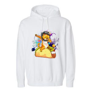 Funny Dabbing Cat Astronaut In Space Riding Taco Garment-Dyed Fleece Hoodie