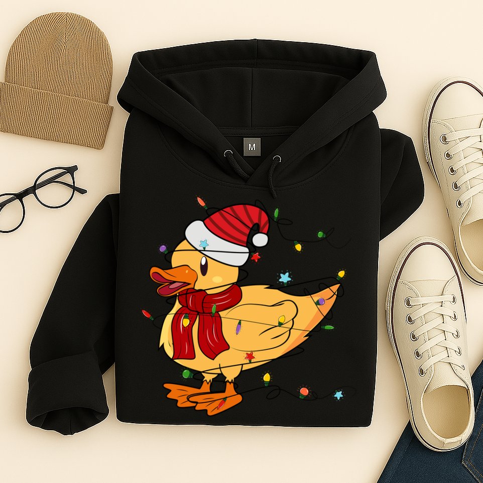 Funny Duck Christmas Lights Gift Santa Hat Xmas Holiday Gift Hoodie