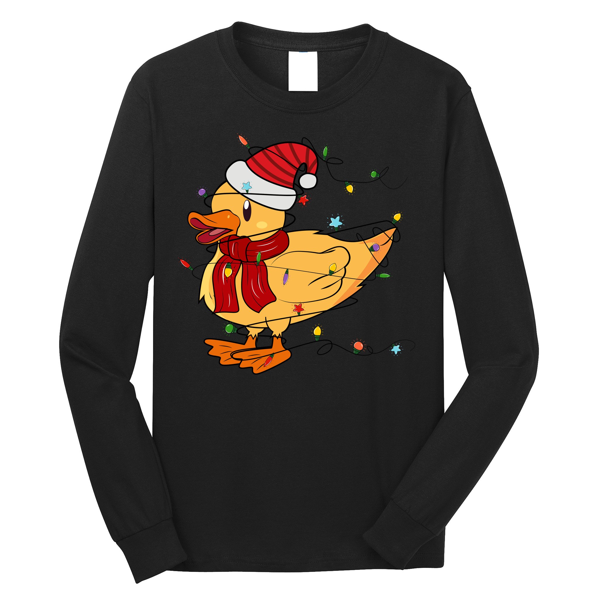 Funny Duck Christmas Lights Gift Santa Hat Xmas Holiday Gift Long Sleeve Shirt