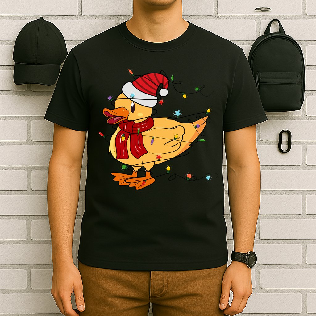 Funny Duck Christmas Lights Gift Santa Hat Xmas Holiday Gift T-Shirt
