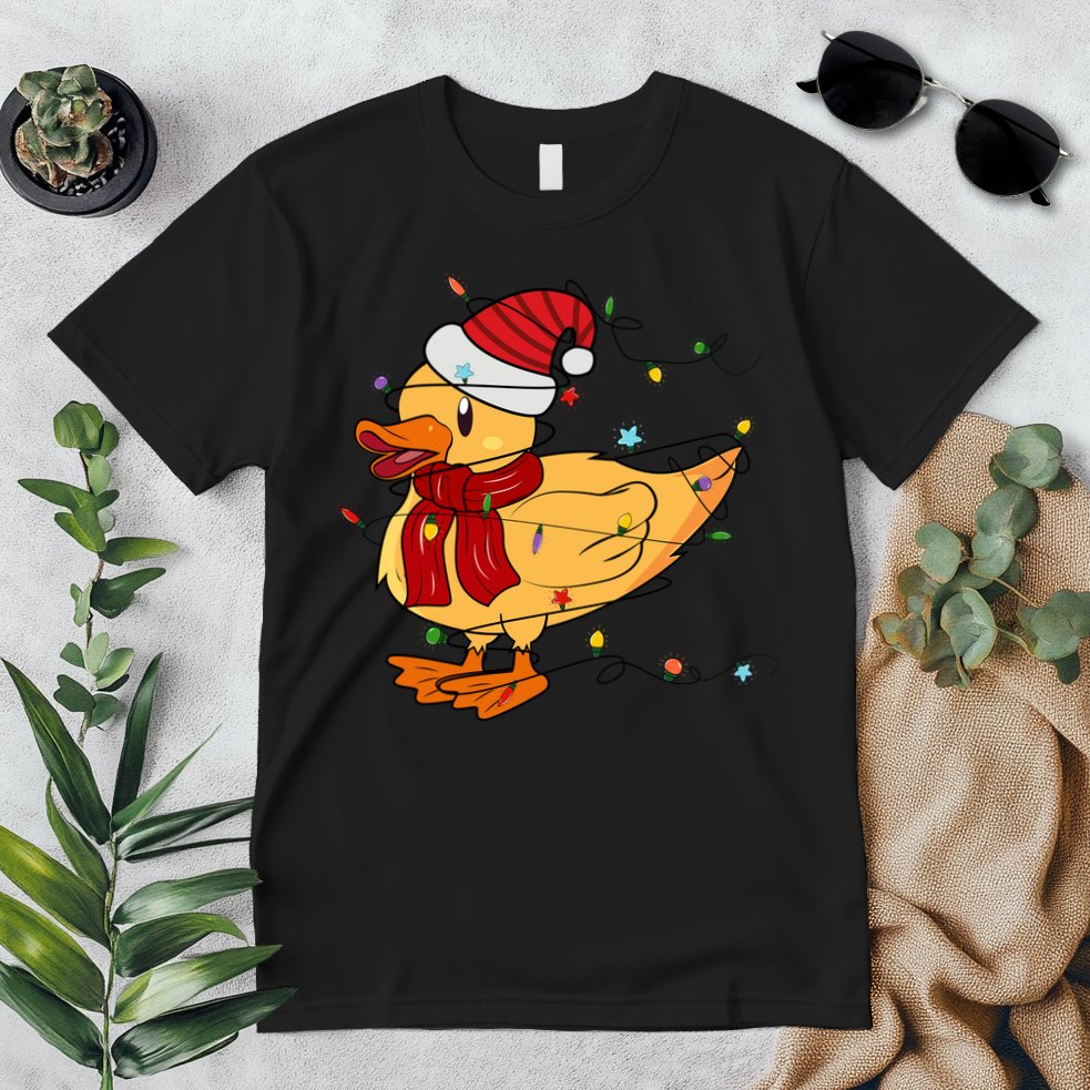 Funny Duck Christmas Lights Gift Santa Hat Xmas Holiday Gift Premium T-Shirt