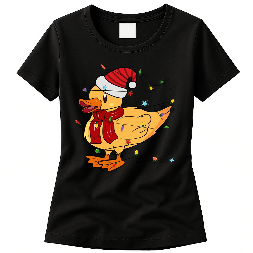 Funny Duck Christmas Lights Gift Santa Hat Xmas Holiday Gift Womens T-Shirt
