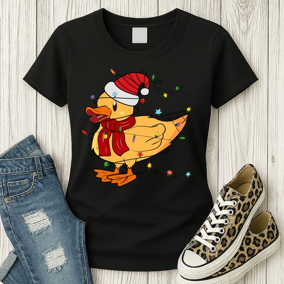 Funny Duck Christmas Lights Gift Santa Hat Xmas Holiday Gift Womens T-Shirt