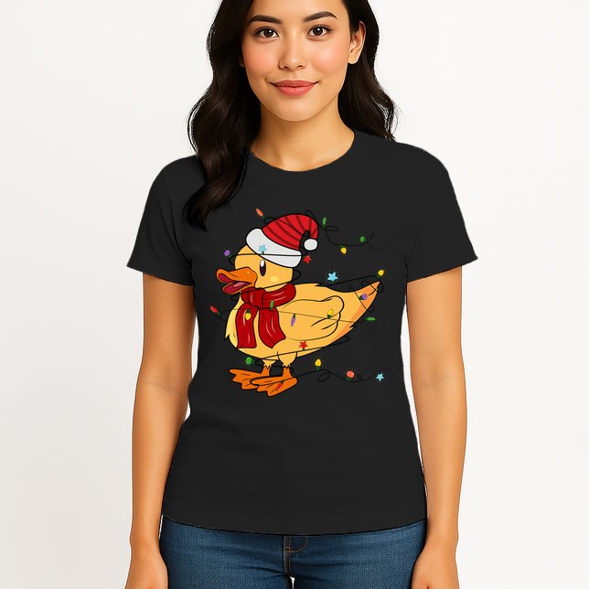 Funny Duck Christmas Lights Gift Santa Hat Xmas Holiday Gift Womens T-Shirt