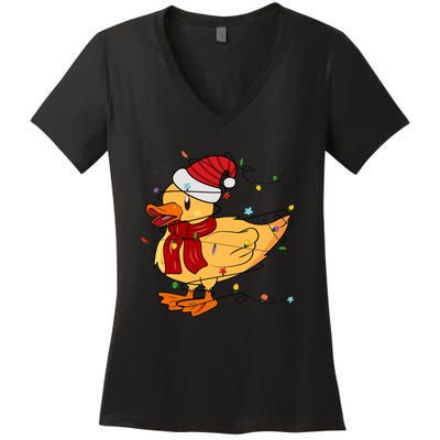 Funny Duck Christmas Lights Gift Santa Hat Xmas Holiday Gift Women's V-Neck T-Shirt