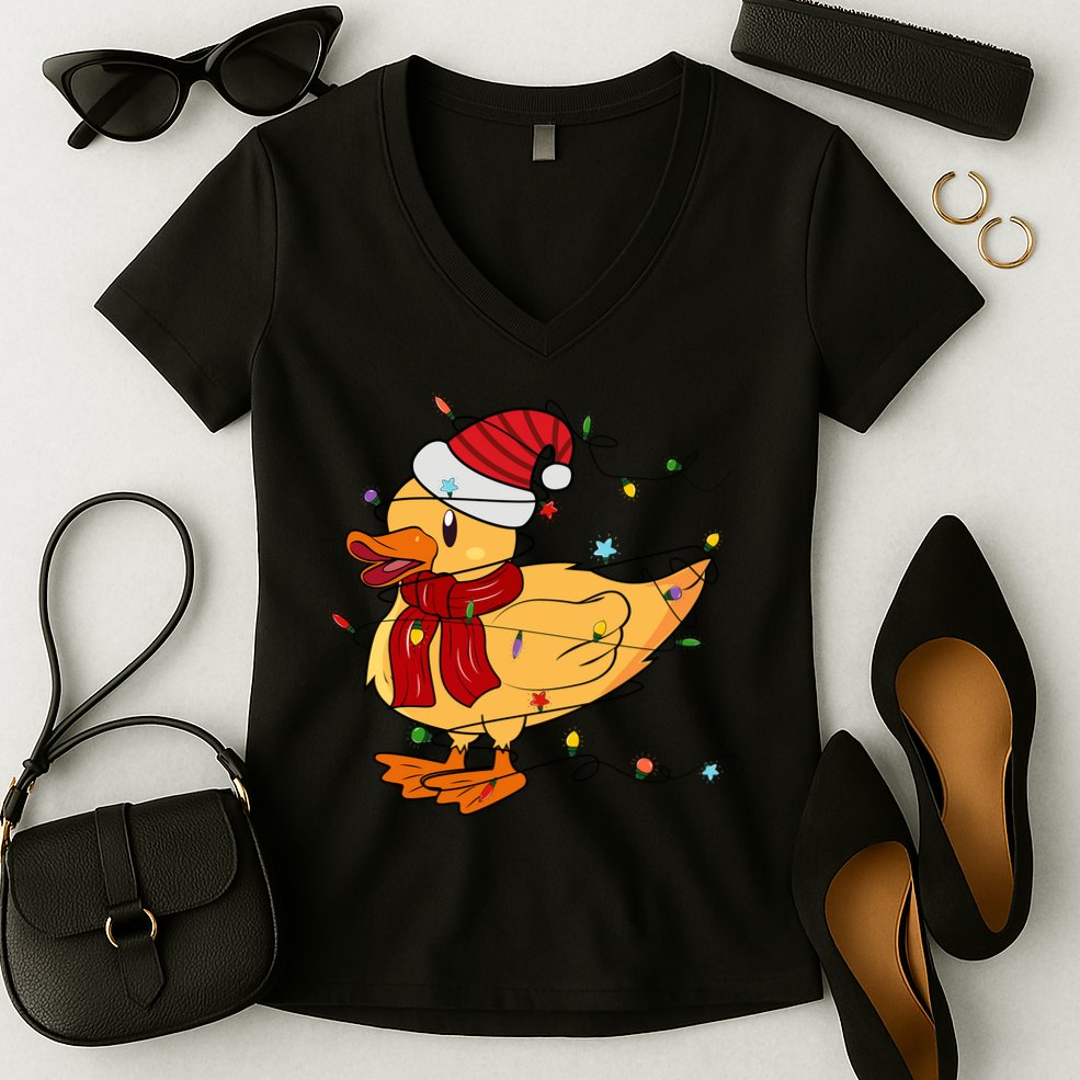 Funny Duck Christmas Lights Gift Santa Hat Xmas Holiday Gift Women's V-Neck T-Shirt