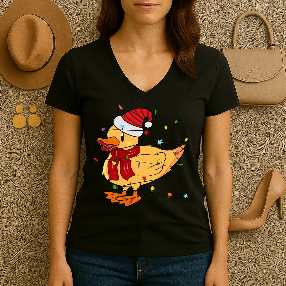 Funny Duck Christmas Lights Gift Santa Hat Xmas Holiday Gift Women's V-Neck T-Shirt