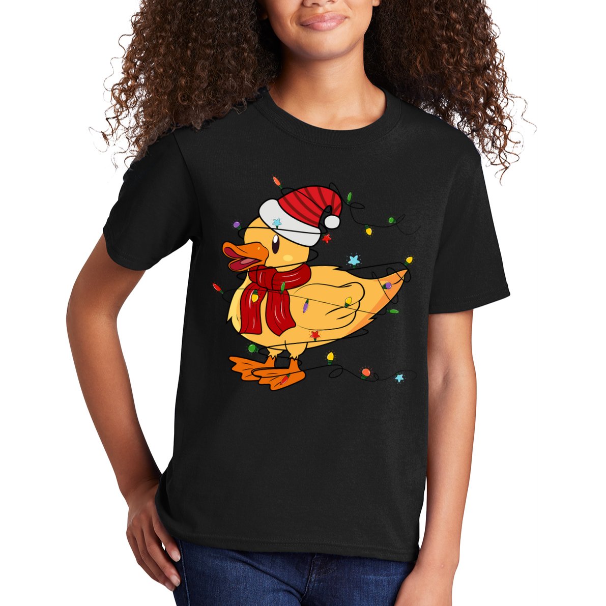 Funny Duck Christmas Lights Gift Santa Hat Xmas Holiday Gift Kids T-Shirt