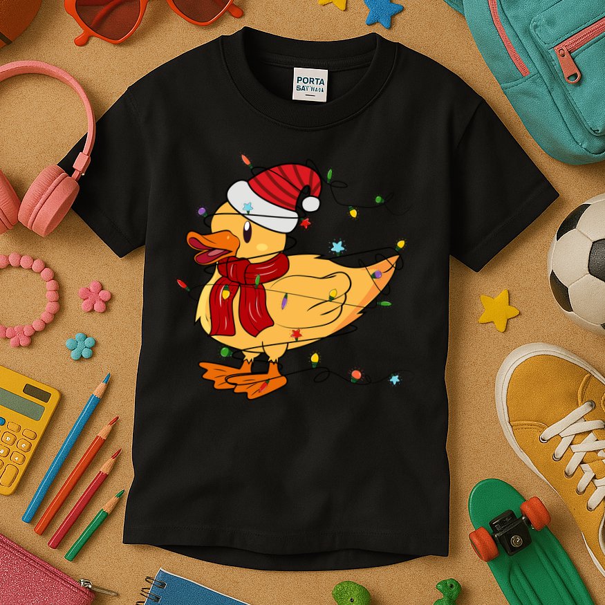 Funny Duck Christmas Lights Gift Santa Hat Xmas Holiday Gift Kids T-Shirt
