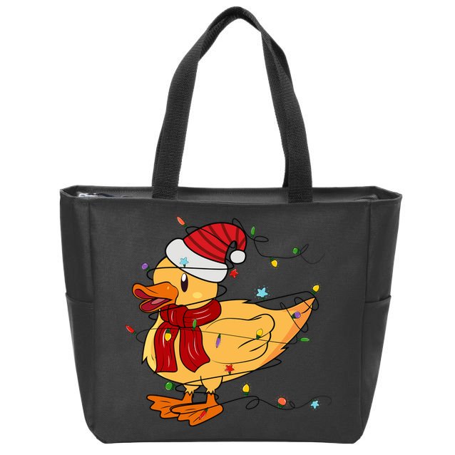 Funny Duck Christmas Lights Gift Santa Hat Xmas Holiday Gift Zip Tote Bag