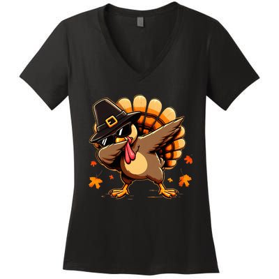 Funny Dab Dabbing Turkey Thanksgiving Day Pilgrim Women's V-Neck T-Shirt