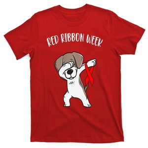 Funny Dabbing Dog We Wear Red For Red Ribbon Week Awareness T-Shirt