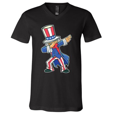 Funny Dancing Dabbing Uncle Sam 4th of July V-Neck T-Shirt