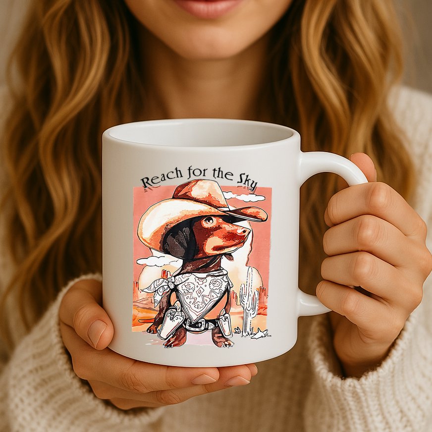 Funny Dachshund Dog Cow Hat Reach Sky Western Puppy Retro Mug