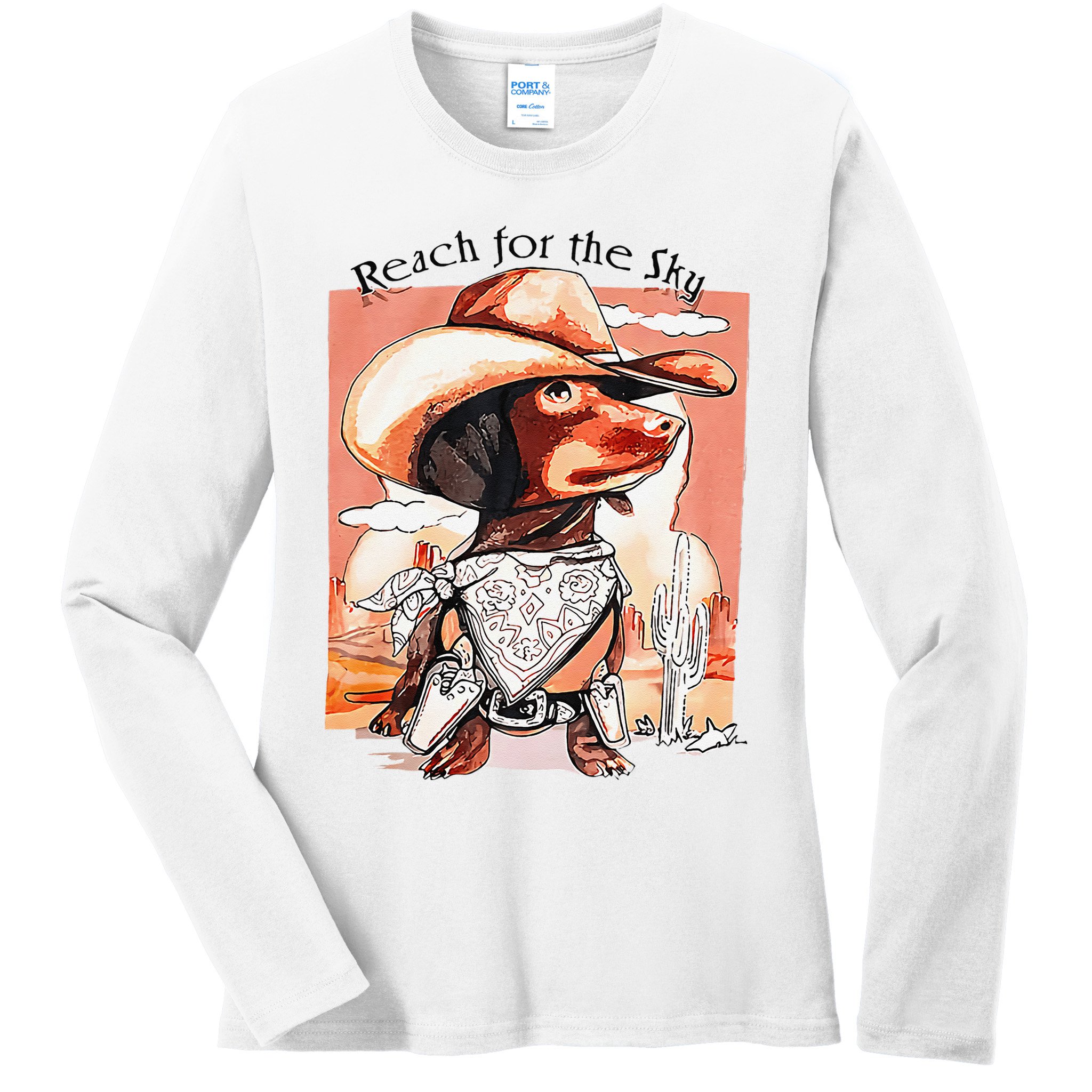 Funny Dachshund Dog Cow Hat Reach Sky Western Puppy Retro Ladies Long Sleeve Shirt
