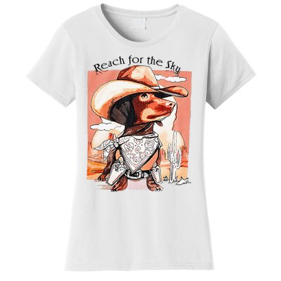 Funny Dachshund Dog Cow Hat Reach Sky Western Puppy Retro Women's T-Shirt