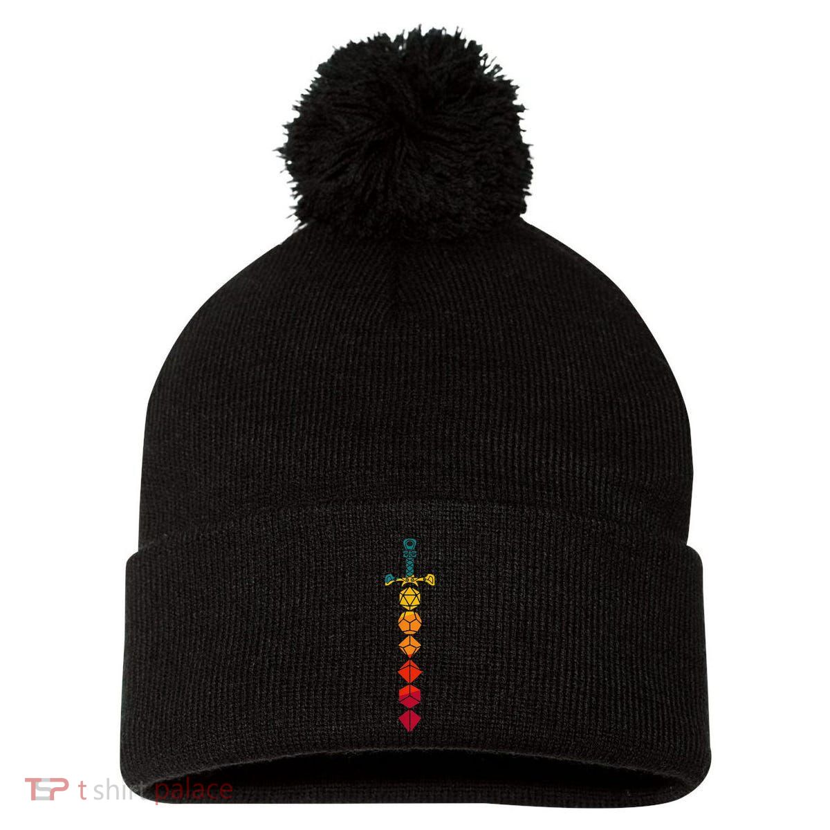 Funny D.20 Dungeons Dice Sword Vintage Pom Pom 12in Knit Beanie