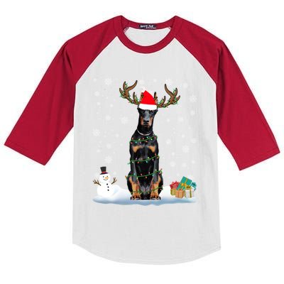 Funny Dober Dog Ugly Sweater Christmas Lights Gift Kids Colorblock Raglan Jersey