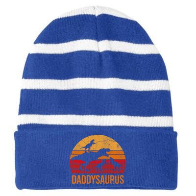 Funny Daddy Dinosaur Dad Gift Fun Daddysaurus 3 Three Gift Striped Beanie with Solid Band