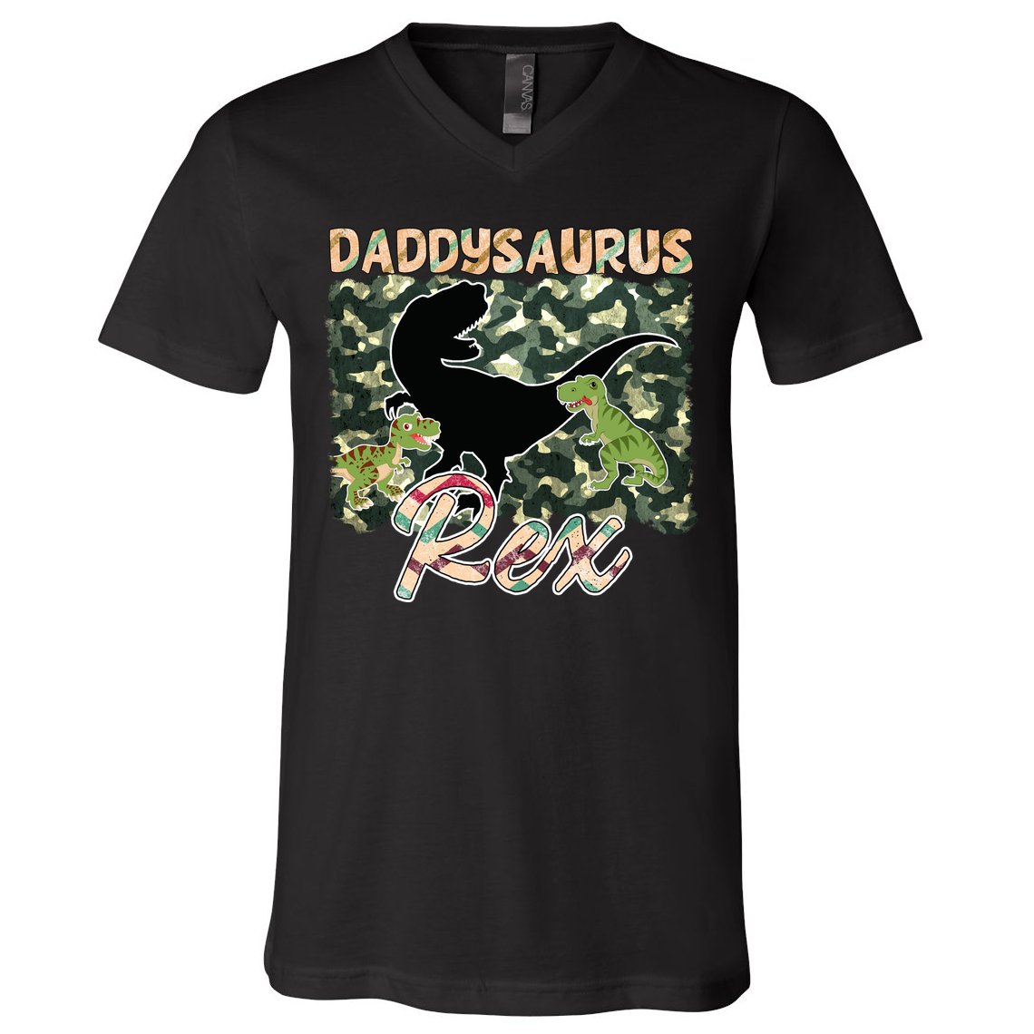 Father's Day Daddysaurus T Rex Gift For Dad Camo V-Neck T-Shirt