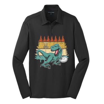 Funny Dinosaur Disc Golf Funny Retro Disc Golf Sports Silk Touch Performance Long Sleeve Polo