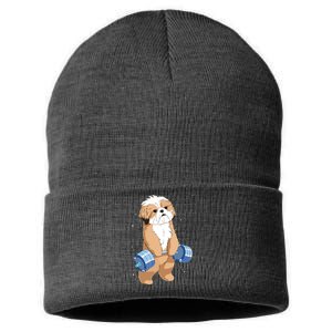 Funny Dog Deadlift Shih Tzu Sustainable Knit Beanie