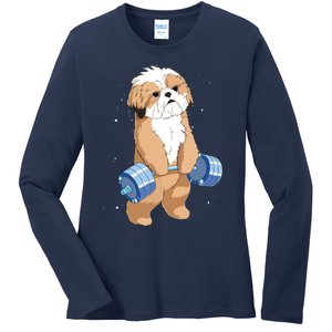 Funny Dog Deadlift Shih Tzu Ladies Long Sleeve Shirt