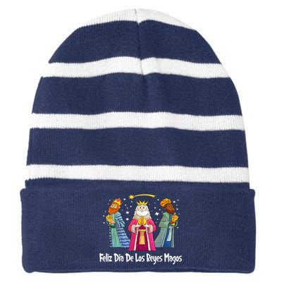 Feliz Dia De Reyes Day Wise Three Kings Tee Happy Epiphany Striped Beanie with Solid Band